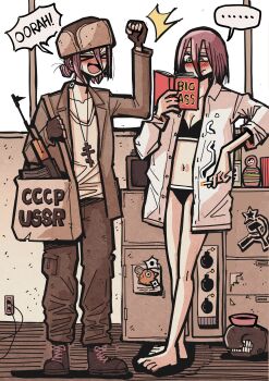 1girl :d absurdres ak-47 akm akms assault_rifle blush bomb bomb_devil_(chainsaw_man) boots buttons chainsaw_man closed_mouth collared_shirt cross explosive grenade_pin gun hair_between_eyes hammer_and_sickle hansoom_(latebirdwakeup) hat highres kalashnikov_rifle long_sleeves medium_hair object_head open_mouth orthodox_cross pants pochita_(chainsaw_man) reze_(chainsaw_man) rifle shirt smile soviet sticker weapon white_shirt