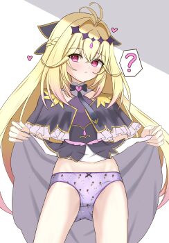 1girl ? ades_clus antenna_hair black_capelet blonde_hair blush bow bow_panties braid brooch capelet clothes_lift crossed_bangs cure_arcana_shadow diamond_hairband food_print frilled_capelet frills grey_background grey_bow grey_necktie hair_between_eyes hair_bow hair_intakes half_up_braid heart heart-shaped_pupils heart_brooch highres ice_cream_print jewelry lifting_own_clothes loli long_hair looking_at_viewer magical_girl meitantei_precure! moria_luluka necktie panties precure print_panties purple_capelet purple_eyes purple_panties purple_shirt shirt simple_background skirt skirt_lift solo spoken_question_mark straight_hair symbol-shaped_pupils underwear upper_body white_skirt