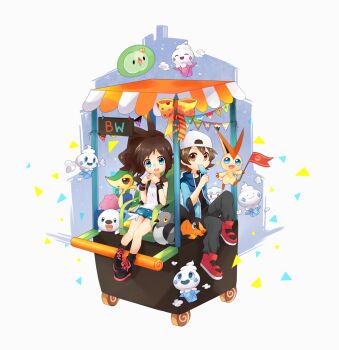 1boy 1girl alternate_color black_shirt black_vest blackspade blue_jacket boots brown_eyes brown_hair commentary_request cottonee denim denim_shorts ditto eating food gen_1_pokemon gen_5_pokemon grey_pants hat high_ponytail hilbert_(pokemon) hilda_(pokemon) holding jacket legendary_pokemon long_hair looking_at_viewer mythical_pokemon nintendo open_clothes open_jacket open_mouth oshawott pants pidove pokemon pokemon_bw ponytail popsicle red_footwear shiny_and_normal shiny_pokemon shirt shoes shorts sidelocks sitting sleeveless sleeveless_shirt smile snivy solosis teeth transformed_ditto upper_teeth_only vanillite vest victini white_shirt wristband