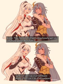 Rule 34 | 2girls, artist name, bare shoulders, black choker, blue eyes, bright pupils, chinese clothes, choker, commentary, crossed arms, dress, english commentary, english text, gloves, grey hair, halter dress, halterneck, herrscher of sentience, highres, honkai (series), honkai impact 3rd, kiana kaslana, kiana kaslana (herrscher of flamescion), long hair, multiple girls, open mouth, ponytail, red eyes, sleepycty, very long hair, white dress, white gloves, white hair, white pupils