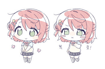 Rule 34 | 1girl, :>, :i, black skirt, blue shirt, blush, blush stickers, braid, bun with braided base, chibi, chibi only, commentary request, flower symbol, green eyes, grey socks, hair bun, hair ornament, hairclip, hand up, heel up, legs together, looking ahead, love live!, love live! nijigasaki high school idol club, medium hair, meobbab2, miniskirt, neck ribbon, nijigasaki school uniform, orange hair, parted bangs, pink ribbon, ribbon, school uniform, shirt, short sleeves, simple background, single side bun, skirt, socks, standing, standing on one leg, star (symbol), star hair ornament, summer uniform, sweater vest, translation request, uehara ayumu, v-shaped eyebrows, v arms, yellow sweater vest