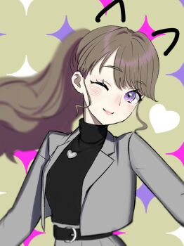 1girl ;) animal_ears black_sweater blush brown_background cat_ears commentary_request drawn_ears fujishima_megumi fujishima_megumi_(post-graduation) grey_jacket heart heart_necklace jacket jewelry link!_like!_love_live! long_sleeves looking_at_viewer love_live! necklace one_eye_closed open_clothes open_jacket ponytail purple_eyes renge_(042514) smile solo sparkle_background sweater turtleneck turtleneck_sweater upper_body virtual_youtuber