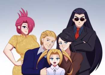 Rule 34 | 2boys, 3girls, akatsuki blitzkampf, alternate costume, breasts, cavendizh, china dress, chinese clothes, commission, dress, en-eins kanzen sekai, family, family bonding, fang, formal clothes, hair over one eye, happy, highres, kati's dad, kati's mom, kati (akatsuki en-eins), kati (en-eins), large breasts, lipstick, looking at viewer, makeup, marilyn sue, marilyn sue dajie, multiple boys, multiple girls, necktie, official alternate costume, ponytail, sai (akatsuki blitzkampf), sai (akatsuki en-eins), short twintails, side ponytail, smile, suit, sunglasses, twintails