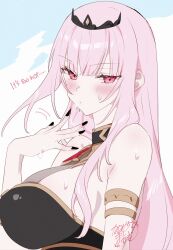 1girl black_dress black_nails breasts cleavage commentary dress fanning fanning_face fanning_self highres hololive hololive_english hot kamiya_maneki large_breasts long_hair looking_at_viewer mori_calliope mori_calliope_(1st_costume) pink_eyes pink_hair red_eyes solo sweat symbol-only_commentary tiara virtual_youtuber