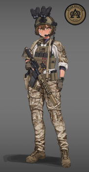 1girl absurdres american_flag ammunition_pouch assault_rifle bandaid bandaid_on_face belt belt_pouch blood_type bodysuit boots breasts brown_belt brown_boots brown_hair brown_helmet bt_(user_udwc7853) buckle bulletproof_vest camouflage camouflage_jacket camouflage_pants cargo_pants chinstrap closed_mouth combat_helmet commentary commentary_request ear_protection english_commentary flag_patch full_body glock gloves gradient_background green_eyes grey_background grey_bodysuit gun gun_sling handgun headset helmet highres holding holding_gun holding_weapon holster jacket light_smile load_bearing_vest looking_at_viewer m4_carbine magazine_(weapon) mechanix_wear medium_breasts medium_hair night_vision_device optical_sight original pants partially_fingerless_gloves pouch rifle shadow simple_background sleeves_rolled_up snap-fit_buckle solo standing suppressor syringe tactical_clothes tan trigger_discipline unit_patch walkie-talkie watch weapon wristwatch zipper zipper_pull_tab