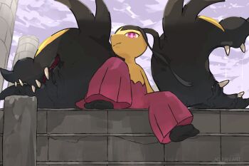 aomon_(yuuji7604) big_hair closed_mouth colored_skin extra_mouth full_body gen_3_pokemon highres mawile mega_mawile mega_pokemon nintendo no_humans open_mouth pink_eyes pokemon pokemon_(creature) pokemon_focus purple_eyes red_eyes saliva sharp_teeth sitting smile solo teeth yellow_skin