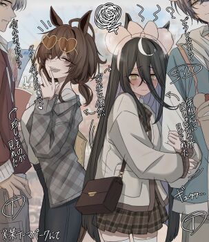 2boys 2girls absurdres agnes_tachyon_(umamusume) arm_hug black_hair black_pants blue_hoodie blush bow brown_bow brown_hair brown_skirt closed_mouth commentary_request drink embarrassed grey_hair grey_jacket grey_pants hairband highres holding holding_drink holding_map hood hoodie horse_girl horse_tail jacket leogust long_hair looking_at_another manhattan_cafe_(umamusume) map minnie_mouse_ears multiple_boys multiple_girls open_clothes open_jacket open_mouth pants plaid_clothes plaid_jacket plaid_skirt pleated_skirt red_eyes red_hoodie shirt short_hair skirt sweatdrop tail teeth thighhighs trainer_(umamusume) translation_request umamusume upper_teeth_only white_hairband white_shirt white_sleeves white_thighhighs wolf_cut yellow_eyes zettai_ryouiki