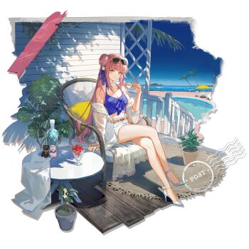 Rule 34 | 1girl, arknights, beach, blue sky, camisole, ceylon (arknights), ceylon (holiday) (arknights), chair, character doll, coat, crossed legs, cup, cushion, doll, eyewear on head, high heels, highres, holding, holding cup, horin, jewelry, midriff, ocean, off shoulder, official alternate costume, official art, outdoors, parfait glass, pearl choker, pink hair, plant, potted plant, purple camisole, schwarz (arknights), see-through clothes, see-through coat, shoes, shorts, sitting, sky, solo, stairs, stuffed animal, stuffed toy, sunglasses, table, teacup, teddy bear, water, white shoes, white shorts, wooden floor, yellow eyes