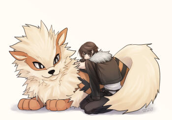 Rule 34 | 1boy, aihara (nagi), arcanine, arm out of sleeve, belt, black belt, black gloves, black jacket, blue eyes, bright pupils, brown hair, commentary request, cropped jacket, crossed arms, crossover, dated, dog, final fantasy, final fantasy viii, full body, fur-trimmed jacket, fur trim, gen 1 pokemon, gloves, jacket, kneeling, leaning forward, looking back, lying, male focus, multiple belts, nintendo, on stomach, pokemon, pokemon (creature), scar, scar on face, shadow, shirt, short hair, signature, simple background, squall leonhart, striped, thigh strap, white shirt, yellow background, yellow fur