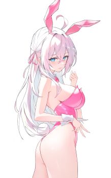 1girl absurdres ahoge alisa_mikhailovna_kujou animal_ears ass bare_legs bare_shoulders blue_eyes blush bow bowtie breasts collar crossed_bangs eyelashes fake_animal_ears from_side hair_between_eyes hair_ornament hair_over_shoulder hair_ribbon highleg highleg_leotard highres large_breasts leotard long_hair looking_at_viewer looking_to_the_side parted_lips pink_bow pink_bowtie pink_leotard pink_ribbon playboy_bunny rabbit_hair_ornament rabbit_tail ribbon sh1on sideboob sidelocks simple_background solo tail thighs tokidoki_bosotto_roshia-go_de_dereru_tonari_no_alya-san white_background white_collar white_hair white_wrist_cuffs wrist_cuffs