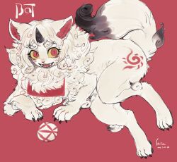 Rule 34 | 1boy, artist name, ball, black horns, body fur, claws, colored sclera, commentary request, facial mark, full body, furry, furry male, horns, komainu, komainu boy, komainu ears, komainu tail, looking at viewer, male focus, mane, open mouth, original, red background, red eyes, sasamichr, sharp teeth, simple background, single horn, slit pupils, solo, teeth, temari ball, thick eyebrows, white fur, yellow sclera