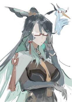 1girl aqua_hair beak bird bird_wings black_bodystocking black_gloves black_hair blue_dress blue_sleeves bodystocking breasts brown-framed_eyewear capelet china_dress chinese_clothes closed_mouth cloud_retainer_(genshin_impact) colored_inner_hair detached_sleeves dress feathered_wings genshin_impact glasses gloves hair_ornament hair_stick hand_up high_ponytail highres judyfang5 large_breasts long_hair long_sleeves multicolored_hair necktie no_eyes ponytail red_ribbon ribbon semi-rimless_eyewear sidelocks simple_background sleeveless sleeveless_dress solo sparkle tassel upper_body white_background white_capelet wings xianyun_(genshin_impact) yellow_necktie