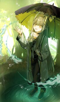 1girl :d arknights black_choker black_pants blush brown_hair choker coat commentary elf full_body grey_coat hand_up highres hiyoko_(96823534) holding holding_umbrella hydrokinesis lab_coat long_hair long_sleeves looking_up magic mole mole_under_eye muelsyse_(arknights) open_clothes open_coat open_mouth pants pointy_ears ripples smile solo sparkle standing umbrella water wide_sleeves yellow_eyes