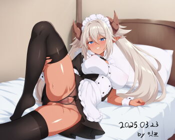 1girl alcmls1230 apron black_panties black_thighhighs blue_eyes blush breasts brown_hair censored character_request commentary_request dark-skinned_female dark_skin dated demon_girl demon_horns eyebrows_hidden_by_hair full_body hair_between_eyes hand_on_own_leg highres horns korean_commentary large_breasts leg_up long_hair looking_at_viewer maid mosaic_censoring on_bed open_mouth panties pointy_ears pussy_cutout signature smile solo sweat tenkafuma thighhighs twintails underwear very_long_hair waist_apron white_apron