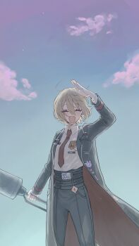 1girl :d black_coat black_pants blonde_hair cloud coat collared_shirt commentary_request don_quixote_(project_moon) eyelashes floating_hair happy highres holding holding_sword holding_weapon limbus_company necktie open_clothes open_coat open_mouth outdoors pants project_moon red_necktie rin_3097p shirt short_hair smile solo standing sword weapon white_shirt