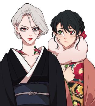 Rule 34 | 2girls, aohitsugi samatoki, asymmetrical bangs, behind another, black hair, black haori, black kimono, black sash, blush, braid, choppy bangs, clenched hand, collarbone, commentary request, crown braid, curtained hair, eyelashes, eyeshadow, floral print, floral print kimono, flower, flower tattoo, fur scarf, furrowed brow, genderswap, genderswap (mtf), green eyes, grey eyeshadow, hair between eyes, hair bun, hair flower, hair ornament, hand on own chest, haori, heterochromia, highres, hypnosis mic, irezumi, japanese clothes, juban, kikkoumon, kimono, light frown, looking at another, looking at viewer, loose hair strand, makeup, mole, mole under eye, multiple girls, nika 633, obi, obiage, obijime, pale skin, pink haori, print kimono, red eyes, red flower, red lips, sash, serious, sideways glance, simple background, small sweatdrop, tattoo, updo, upper body, v-shaped eyebrows, white background, white hair, yamada ichiro