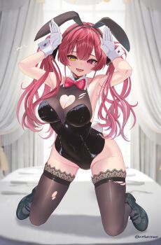 1girl animal_ear_hairband animal_ears armpits arms_up black_leotard black_shoes black_thighhighs blurry blurry_background bow bowtie bra breasts center-flap_bangs cleavage cleavage_cutout clothing_cutout commentary_request covered_navel curtains double-parted_bangs fake_animal_ears full_body gloves hair_ribbon hairband halter_leotard halterneck heart_cutout heterochromia highleg highleg_leotard highres hololive houshou_marine inari_(ambercrown) indoors kneeling lace lace-trimmed_bra lace_trim large_breasts leotard long_hair looking_at_viewer on_bed pink_bow pink_bowtie playboy_bunny rabbit_ear_hairband rabbit_ears rabbit_pose red_eyes red_hair ribbon shoes solo thighhighs torn_clothes twintails underwear virtual_youtuber white_gloves wrist_cuffs yellow_eyes