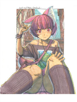 1girl \m/ animal_ear_fluff animal_ears bag black_socks blush bob_cut border bra_strap chain commentary_request dated day eyeshadow fingernails fox_ears fox_girl fox_tail gold_chain hand_on_own_knee highres jewelry long_fingernails looking_at_viewer makeup making-of_available marker_(medium) meiz miniskirt necklace off-shoulder_shirt off_shoulder original outdoors outline painting_(medium) panties pantyshot pink_panties print_shirt red_eyes red_eyeshadow red_hair red_lips road shikishi shirt short_hair shoulder_bag signature sitting skirt socks solo street tail thighs traditional_media underwear watercolor_(medium) white_border white_outline wrist_belt