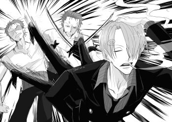 2boys absurdres cigarette commentary_request curly_eyebrows facial_hair formal_clothes goatee hair_over_one_eye highres holding holding_sword holding_weapon kicking male_focus meme monochrome multiple_boys mustache_stubble naoya_hitting_choso_without_looking_(meme) one_piece roronoa_zoro sakino_z sanji_(one_piece) smoking stubble suit sword weapon