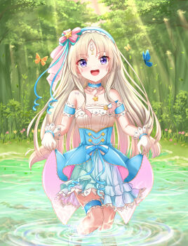 1girl :d absurdres blonde_hair blue_choker blue_hairband blush bug butterfly chinese_commentary choker civia clothes_grab commentary_request denfunsan dress gloves hairband highres hololive hololive_china insect looking_at_viewer open_mouth partially_submerged purple_eyes smile solo star_(symbol) tattoo teeth tongue unicorn_horn upper_teeth_only virtual_youtuber water white_gloves