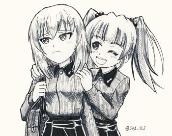 Rule 34 | 1girl, 2girls, black hat, black jacket, black skirt, blue eyes, brown hair, garrison cap, girls und panzer, girls und panzer phase erika, grey shirt, hair tie, hat, itsumi erika, jacket, kuromorimine military uniform, kuromorimine school uniform, long hair, miniskirt, multiple girls, nspa (spa-jcs), orange hair, red skirt, rou leila, school uniform, shirt, skirt, twintails