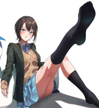 Rule 34 | 1girl, absurdres, aogami high school uniform, black jacket, black socks, blazer, blue bow, blue bowtie, blue eyes, blue skirt, blush, bow, bowtie, brown cardigan, brown hair, buttons, cardigan, collared shirt, commentary request, feet, foreshortening, full body, highres, hololive, invisible floor, jacket, knee up, kneehighs, leg up, looking at viewer, miniskirt, nayuyu1105, no shoes, oozora subaru, plaid clothes, plaid skirt, pleated skirt, school uniform, shadow, shirt, short hair, sitting, skirt, socks, soles, solo, virtual youtuber, white shirt