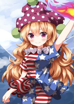 1girl american_flag american_flag_dress american_flag_legwear american_flag_print arm_up blonde_hair blue_background blue_dress blue_pantyhose breasts clownpiece commentary_request completion_time cowboy_shot dress fire flag_print hat highres jester_cap long_hair medium_breasts multicolored_dress multicolored_pantyhose pantyhose pink_eyes pink_hat polka_dot_headwear print_dress print_pantyhose red_dress ruu_(tksymkw) short_dress short_sleeves solo star_(symbol) star_print touhou