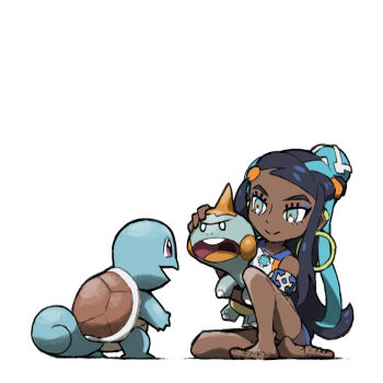 1girl barefoot black_hair blacknirrow blue_eyes blue_hair chewtle closed_mouth dark-skinned_female dark_skin eyelashes gen_1_pokemon gen_8_pokemon long_hair multicolored_hair nessa_(pokemon) nintendo open_mouth pokemon pokemon_(creature) pokemon_swsh simple_background smile squirtle teeth two-tone_hair upper_teeth_only white_background