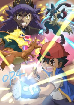 2boys :d ash_ketchum backwards_hat baseball_cap black_hair blue_jacket bracelet bright_pupils brown_eyes champion_uniform charizard commentary_request dark-skinned_male dark_skin facial_hair fingerless_gloves fire gen_1_pokemon gen_4_pokemon gloves glowing grin hat highres jacket jewelry leon_(pokemon) long_hair lucario male_focus mega_lucario mega_pokemon multiple_boys nintendo open_mouth pokemon pokemon_(anime) pokemon_(creature) pokemon_journeys purple_hair red_headwear shield_print shirt short_hair short_sleeves sleeveless sleeveless_jacket smile sword_print t-shirt teeth tongue upper_teeth_only white_pupils white_shirt yellow_eyes yusuke_oshida z-ring