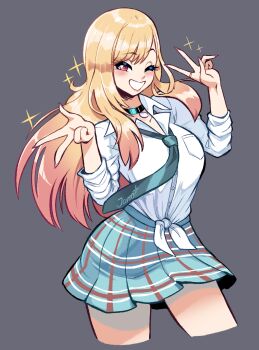 1girl black_choker blonde_hair blouse blush breasts buttons choker closed_mouth collared_shirt colored_tips fingernails highres jamoart kitagawa_marin long_hair long_sleeves looking_at_viewer multicolored_hair necktie one_eye_closed pink_nails pleated_skirt red_eyes school_uniform shirt simple_background skirt smile solo sono_bisque_doll_wa_koi_wo_suru white_shirt