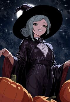 1girl alternate_costume black_coat black_dress black_hat coat collared_shirt dress from_below full_moon grey_eyes grey_hair grin hair_bun hands_up hat highres hyojin_en moon night night_sky pumpkin reverse:1999 shirt single_side_bun sky smile solo star_(sky) starry_sky upper_body vertin_(reverse:1999) white_shirt wide_sleeves witch_hat