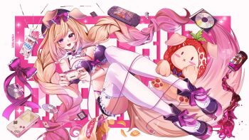 1girl absurdres animal_ears artist_name blonde_hair breasts can cd chips_(food) cleavage commentary controller dog_ears dog_girl dog_tail drink_can english_commentary food fruit full_body game_console game_controller harunaki highres holding holding_controller holding_game_controller indie_virtual_youtuber large_breasts long_hair looking_at_viewer momochan_(vtuber) multicolored_hair open_mouth parted_bangs pocky potato_chips purple_eyes purple_shoes ribbon shoes smile soda soda_can solo spilling strawberry stuffed_animal stuffed_dog stuffed_toy swept_bangs tail thighhighs very_long_hair virtual_youtuber white_thighhighs