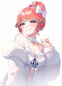 1girl babydoll clothing_cutout commentary detached_collar fluffy_clothes frills fur_jacket green_hair hair_bun hair_ornament hairclip hashtag-only_commentary heart_cutout highres hololive hololive_english jacket looking_at_viewer lukaa multicolored_hair official_alternate_costume official_alternate_hairstyle orange_hair purple_eyes smile takanashi_kiara takanashi_kiara_(cozy) two-tone_hair virtual_youtuber white_babydoll white_jacket