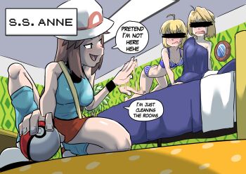 1girl 3girls ahoge arcueid_brunestud artoria_pendragon_(fate) bed blonde_hair blue_shirt blush breasts brown_hair bucket_hat censored censored_identity commentary crossover english_commentary english_text fate_(series) hat highres indoors leaf_(pokemon) long_hair loose_socks multiple_girls nintendo open_mouth poke_ball poke_ball_(basic) pokemon pokemon_frlg porkpie_hat red_skirt shirt short_hair sidelocks skirt sleeveless sleeveless_shirt socks speech_bubble tsukihime ukaya_masaru underwear white_hat wristband yellow_bag yuri