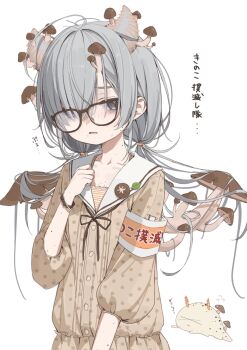 1girl animal_ears armband bags_under_eyes body_freckles brown_shirt commentary_request flying_sweatdrops freckles glasses grey_hair hair_between_eyes hair_over_one_eye highres long_hair looking_at_viewer low_twintails mole mole_under_mouth mushroom mushroom_on_head original parted_lips polka_dot polka_dot_shirt purple_eyes sailor_collar sea_slug sea_slug_ears sea_slug_girl shirt simple_background solo translation_request twintails white_background white_sailor_collar yoru_uyo