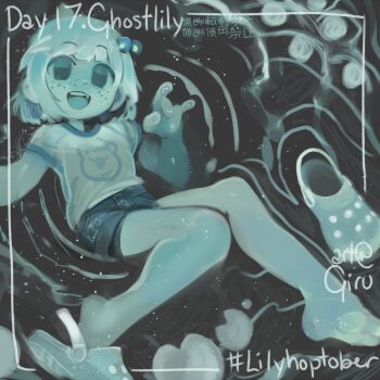 1girl crocs freckles ghost girutea hair_bobbles hair_ornament indie_virtual_youtuber lily_hopkins limited_palette open_mouth sandals shirt short_shorts short_sleeves shorts smile solo unworn_sandals