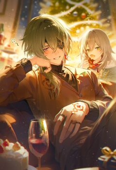 1boy 1girl absurdres alcohol alternate_costume anaxa_(honkai:_star_rail) black_jacket black_pants black_sweater blue_eyes blurry blush box brown_jacket cake champagne_flute chips_(food) christmas christmas_tree chromatic_aberration commentary cup depth_of_field drink drinking_glass drunk earrings elbow_rest english_commentary eyepatch food food_in_mouth fruit gift gift_box glint green_hair grey_hair grin hair_between_eyes hair_over_shoulder hand_tattoo hand_up head_rest highres honkai:_star_rail honkai_(series) indoors isobe47 jacket jewelry light_blush light_particles long_hair long_sleeves looking_at_viewer medium_hair mouth_hold multiple_rings one_eye_covered pants plaid_clothes plaid_scarf pringle_duck red_pupils red_scarf ribbed_sweater ring scarf sitting smile squeans stelle_(honkai:_star_rail) strawberry sweater tattoo teeth trailblazer_(honkai:_star_rail) turtleneck turtleneck_sweater wine wine_glass yellow_eyes