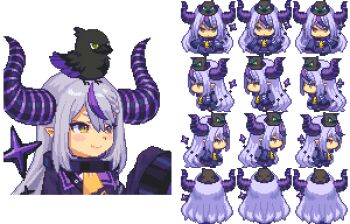 1girl alpha_transparency animal animal_on_head bird bird_on_head blush_stickers collar crow_(la+_darknesss) demon_girl demon_horns demon_tail grey_hair hair_between_eyes holding hololive horns la+_darknesss long_sleeves multicolored_hair on_head pixel_art pointy_ears purple_hair sleeves_past_fingers sleeves_past_wrists smile sprite_art sprite_sheet streaked_hair striped_horns tail tengu_nouzu two-tone_hair virtual_youtuber