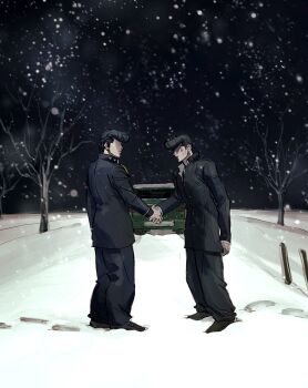 2boys album_cover_redraw bare_tree black_hair car derivative_work diamond_wa_kudakenai footprints full_body gakuran handshake higashikata_josuke highres jojo_no_kimyou_na_bouken motor_vehicle multiple_boys no_eyes outdoors parody pompadour road santamanymany school_uniform snow snowing tree winter