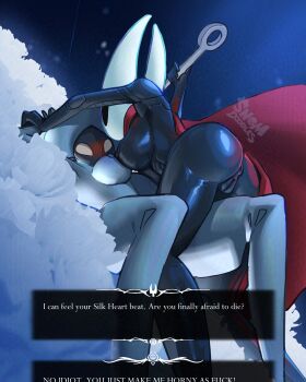 2girls absurdres anus arthropod_girl ass black_skin blush breasts cloak colored_skin english_text highres holding holding_weapon hollow_eyes hollow_knight hollow_knight:_silksong horned_mask hornet_(hollow_knight) lace_(hollow_knight) large_breasts mask multiple_girls needle_(hollow_knight) nipples pussy red_cloak snomdoodles weapon white_mask white_skin