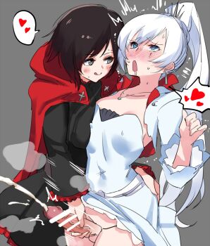 1futa 1girl ahegao ahoge black_dress black_hair blue_eyes blush cape censored cropped_jacket cum dress ejaculation futa_with_female futanari grey_eyes handjob heart highres hood jacket jewelry long_hair multicolored_hair necklace negresco penis penis_grab red_cape ruby_rose rwby scar scar_on_face short_dress short_hair speech_bubble tagme tongue tongue_out two-tone_hair waist_grab weiss_schnee white_dress white_hair white_jacket