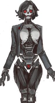 Rule 34 | 1girl, automaton (helldivers), black hair, bottomless, breasts, helldivers (series), highres, medium breasts, medium hair, mossacannibalis, red eyes, robot, robot girl, simple background, skull, white background