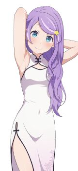 1girl absurdres anastasia_hoshin armpits blue_eyes breasts china_dress chinese_clothes commentary_request covered_navel dress hair_ornament highres long_hair looking_at_viewer na-suke purple_hair re:zero_kara_hajimeru_isekai_seikatsu simple_background small_breasts smile thighs white_background