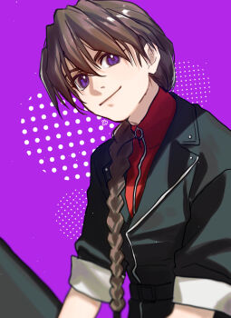 Rule 34 | 1boy, artist logo, belt, black belt, black jacket, braid, braided ponytail, brown hair, closed mouth, commentary request, duo maxwell, gundam, gundam wing, hair between eyes, hair over shoulder, head tilt, highres, jacket, lapels, logo, long hair, looking at viewer, male focus, o-ring, purple background, purple eyes, red shirt, shion (ajisionn), shirt, single braid, sleeves rolled up, smile, solo, upper body, very long hair, zipper pull tab