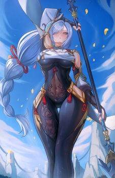 1girl absurdres black_bodysuit blue_eyes blue_hair blue_sky bodysuit braid braided_ponytail breast_curtain breasts calamity_queller_(genshin_impact) chinese_clothes clothing_cutout covered_navel cowboy_shot from_below genshin_impact gluteal_fold gold_trim hair_over_one_eye highres hip_vent holding holding_polearm holding_weapon large_breasts long_hair looking_at_viewer navel outdoors polearm puppnett red_rope rope see-through_clothes shenhe_(genshin_impact) shoulder_cutout skin_tight sky solo tassel thigh_gap thighs weapon