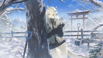 Rule 34 | 1girl, animal ears, bare tree, bench, black gloves, black jacket, chinese zodiac, commentary request, fagi (kakikaki), fence, forehead, fringe trim, gloves, green eyes, grey scarf, highres, horse ears, horse girl, horse tail, jacket, long hair, original, outdoors, pants, park bench, parted bangs, scarf, shovel, smile, solo, tail, torii, tree, white hair, white pants, winter, year of the horse