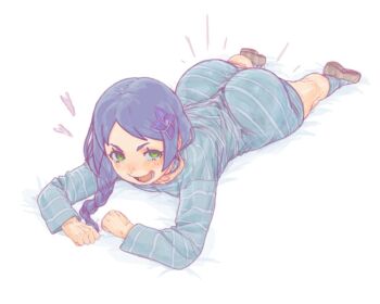 1girl ass ass_focus blue_hair blush braid green_eyes hair_ornament heart huge_ass kyojiri_loli loli lying meili_portroute on_stomach open_mouth plank_(zfzt7835) re:zero_kara_hajimeru_isekai_seikatsu shoes smile socks solo striped_clothes striped_socks tight_clothes wedgie white_background