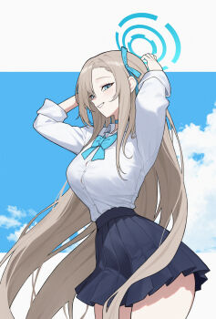 1girl asuna_(blue_archive) asuna_(school_uniform)_(blue_archive) black_skirt blue_archive blue_bow blue_bowtie blue_eyes blue_halo blue_sky bow bowtie brown_hair cloud commentary_request halo highres long_hair potatoy shirt skirt sky solo very_long_hair white_shirt
