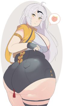 1girl absurdres ass breasts curvy female_focus fingerless_gloves food from_behind fruit gloves highres huge_ass large_breasts long_hair looking_back napolitane peach plump solo thick_thighs thighs white_hair wide_hips yellow_eyes yixuan_(zenless_zone_zero) zenless_zone_zero