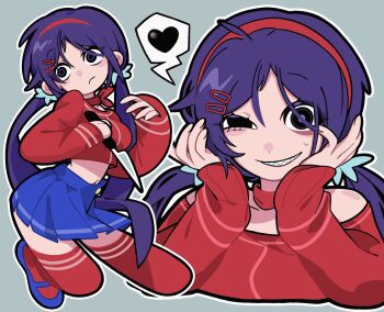 black_eyes blue_shoes blue_skirt choker crazy_mita_(miside) crazy_smile hair_ornament hairband hairclip heart highres holding holding_knife knife long_hair looking_at_viewer low_twintails mary_janes miside mita_(miside) pleated_skirt poa_poa05 purple_hair red_choker red_hairband red_shirt red_sweater red_thighhighs sharp_teeth shirt shoes skirt smile spoken_heart sweater teeth thighhighs twintails wide-eyed